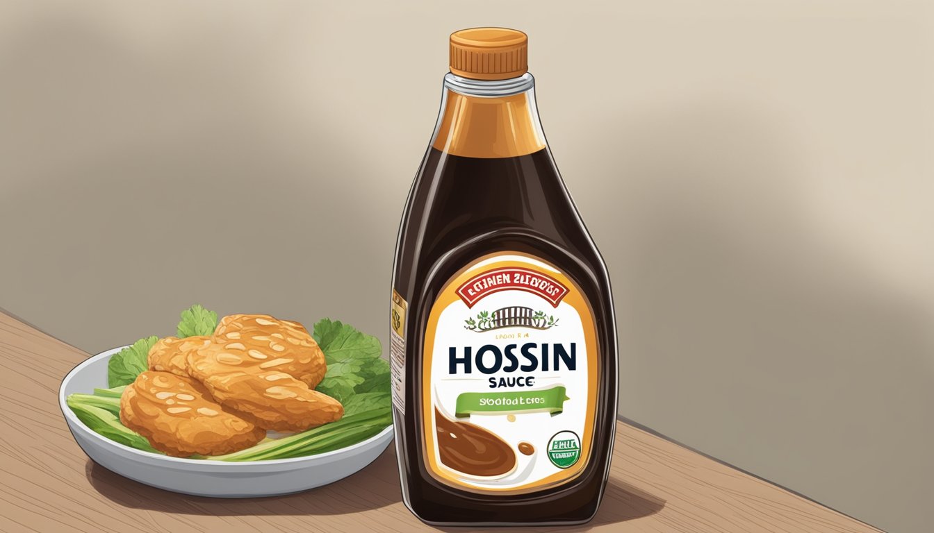 A bottle of hoisin sauce left out on a kitchen counter, with visible signs of spoilage such as mold or discoloration