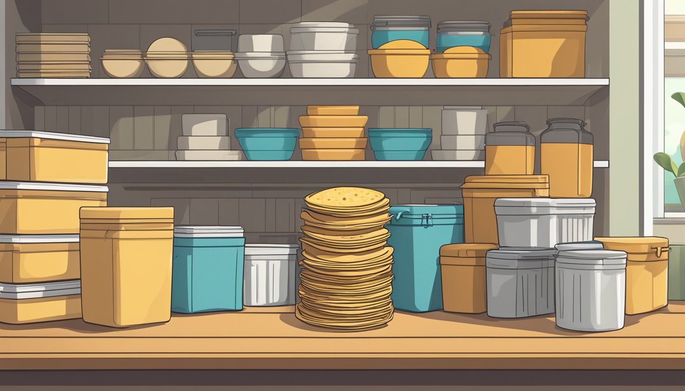 A stack of tortillas sits on a shelf next to a pantry filled with various storage containers. A refrigerator is shown in the background