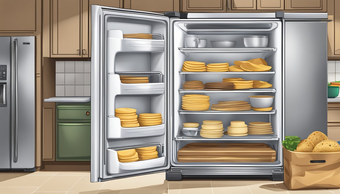 A stack of tortillas next to an open refrigerator door