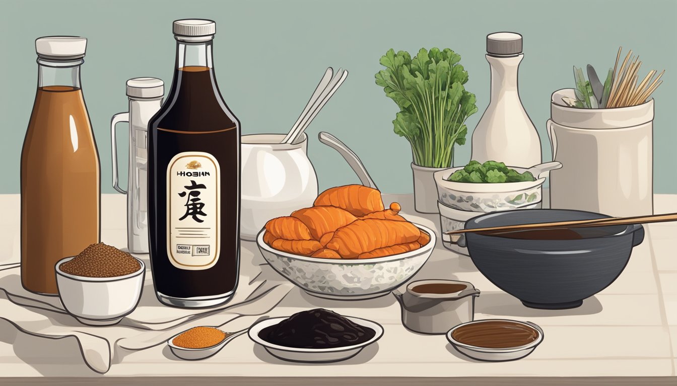 A bottle of hoisin sauce sits on a kitchen counter, surrounded by various ingredients and cooking utensils