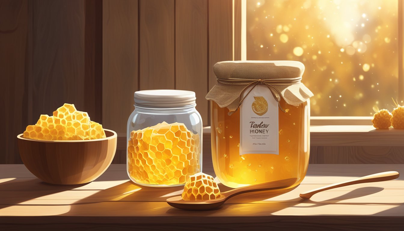 A jar of crystallized honey sits on a wooden table, surrounded by a few scattered honeycombs and a small spoon. The warm glow of sunlight filters through a nearby window, casting a soft, golden light on the scene