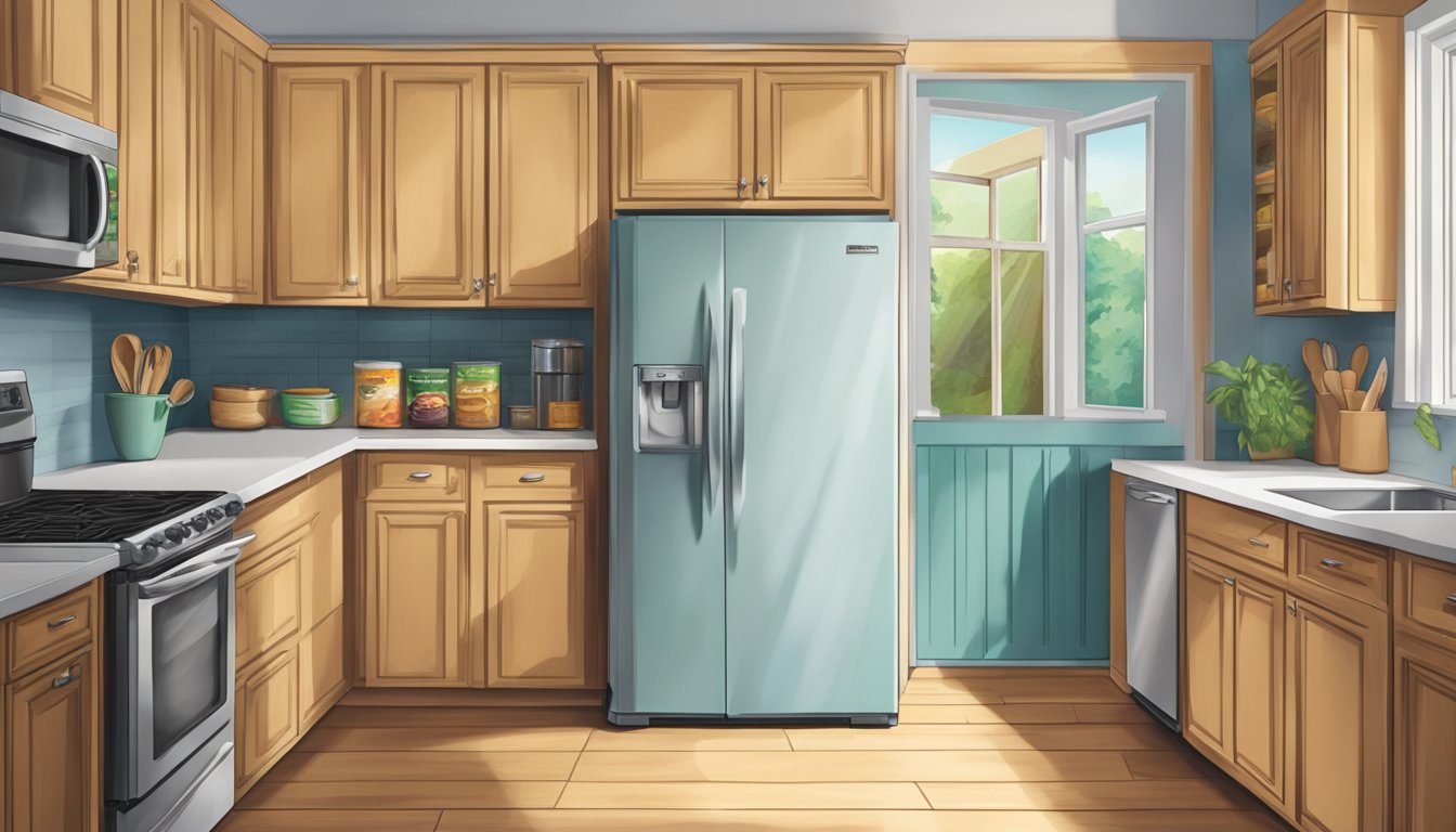 A pack of tortillas sits on a kitchen counter next to a refrigerator. The refrigerator door is slightly ajar, with a cool breeze emanating from inside