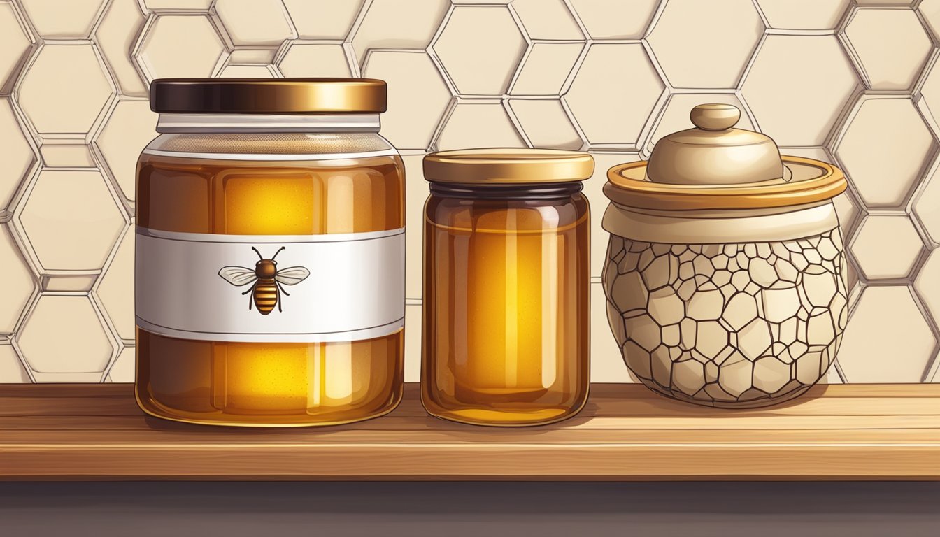 A jar of honey sits on a wooden shelf next to a decorative ceramic pot with a lid. A small honeycomb hangs from a hook on the wall