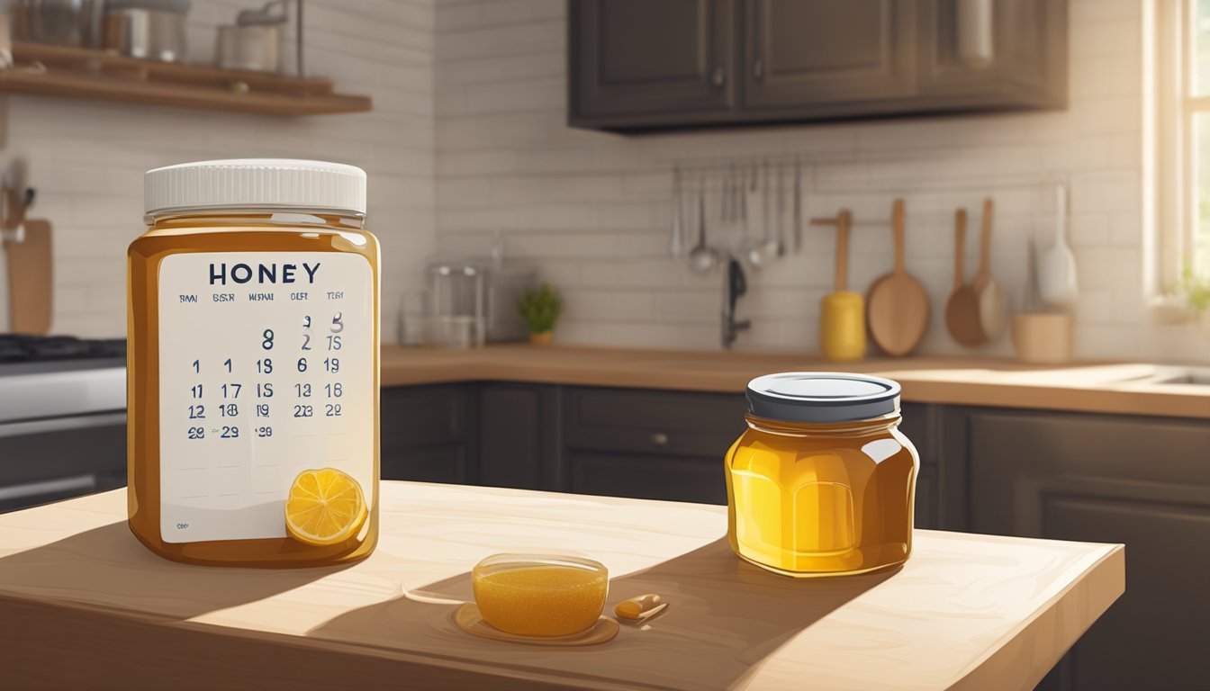 A jar of honey sits on a kitchen counter, untouched. A calendar on the wall shows the passage of time