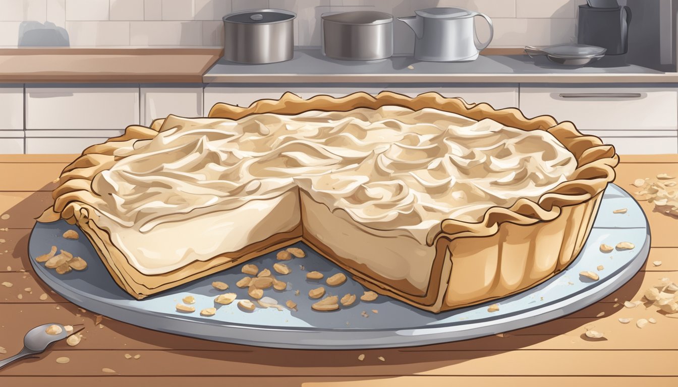 A creamy pie sits on a kitchen counter, surrounded by a few scattered crumbs. The pie is left uncovered, with no sign of refrigeration