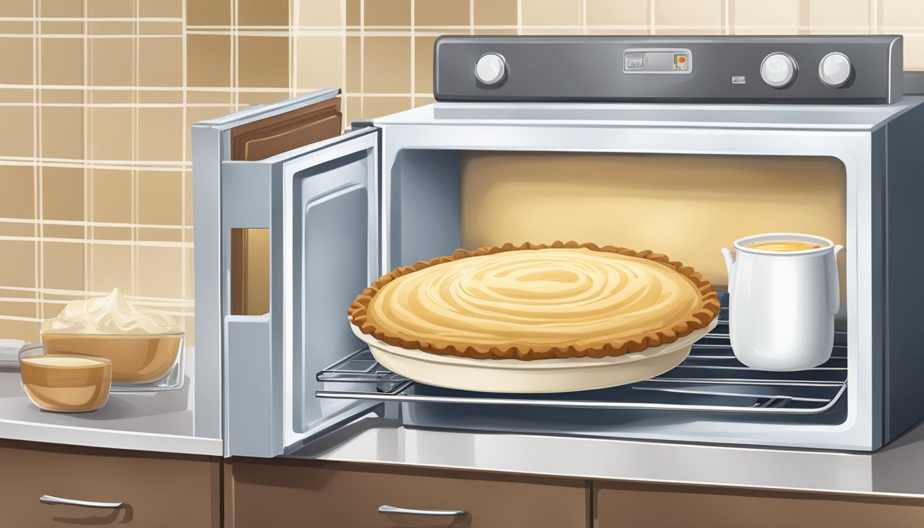 A cream pie sits on a kitchen counter next to a refrigerator. The pie is uncovered, with a slice missing, and a thermometer nearby