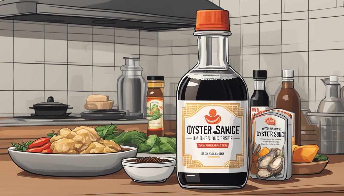 An open bottle of oyster sauce sits on a kitchen counter, next to various condiments and spices. The label on the bottle indicates storage guidelines and shelf life