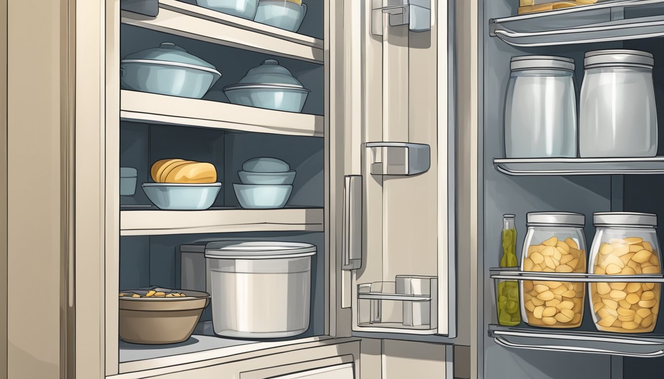 A cream pie sits on a shelf in a cool, dry pantry, away from direct sunlight. A refrigerator is shown in the background as an alternative storage option