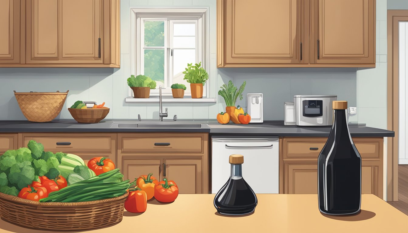 A bottle of soy sauce sits on a kitchen counter next to a basket of fresh vegetables. The refrigerator door is open, with a question mark hovering above it