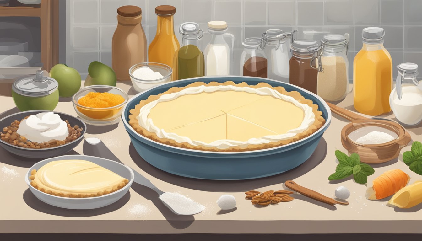 A cream pie sits on a kitchen counter, surrounded by various ingredients. Some are in the process of spoiling, while others are fresh and well-preserved