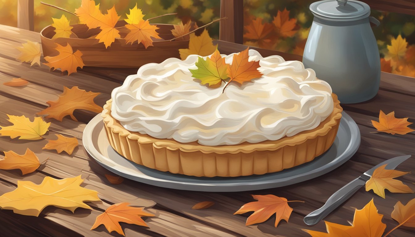 A cream pie sits on a rustic wooden table, surrounded by autumn leaves and a cool breeze, suggesting the need for refrigeration