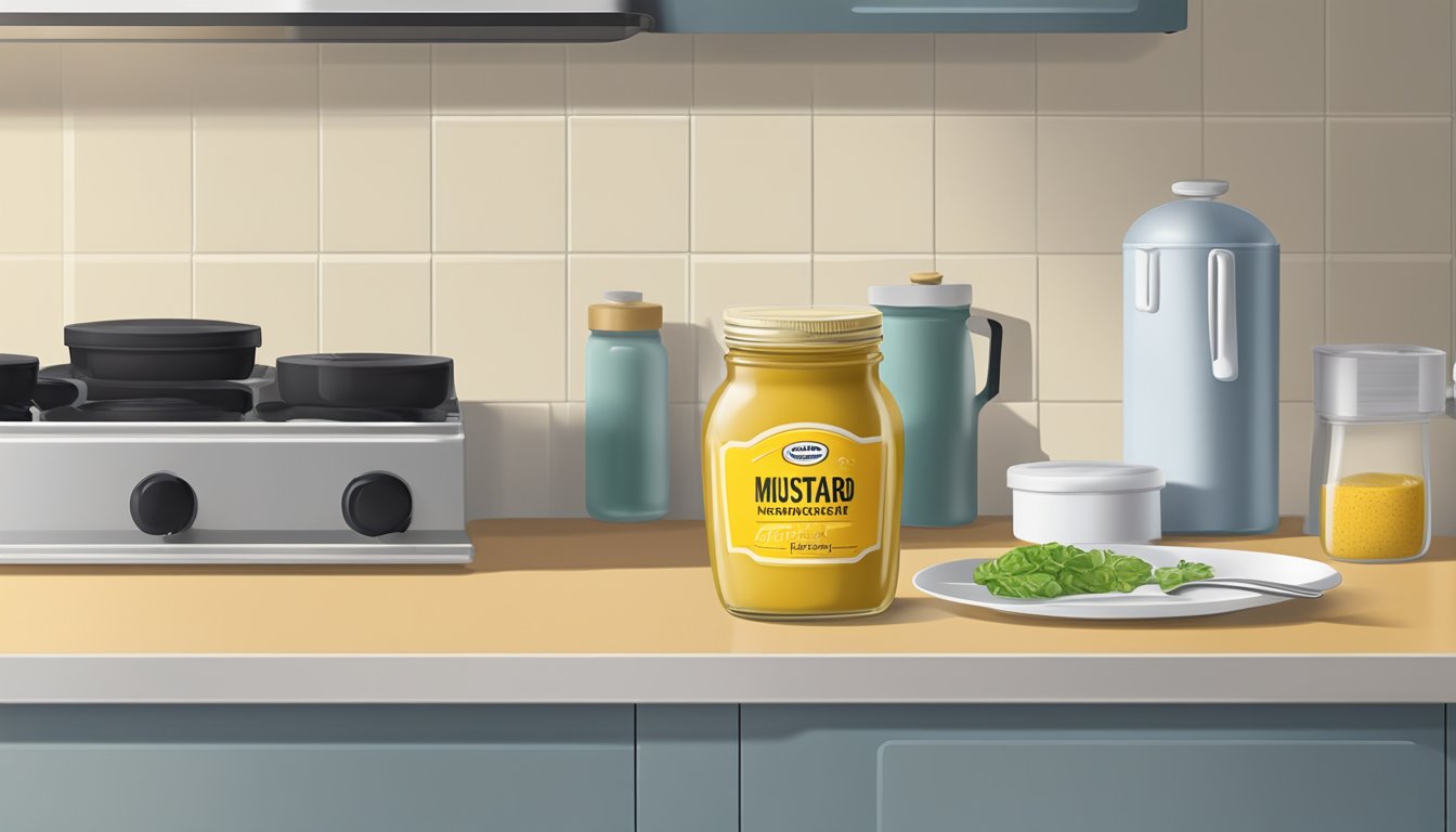 A jar of mustard sits on a kitchen counter next to a refrigerator. The lid is open, and a small spoonful of mustard is shown on a plate