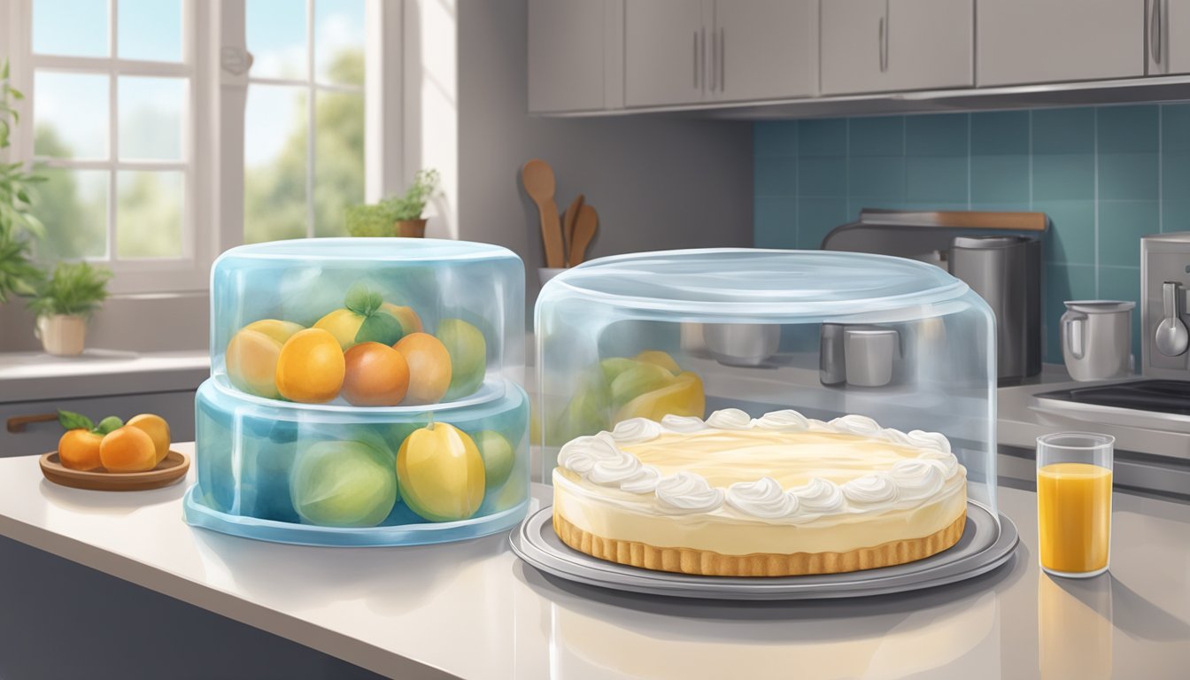 A cream pie sits on a kitchen counter, covered with a clear plastic wrap to keep it fresh. A refrigerator is visible in the background