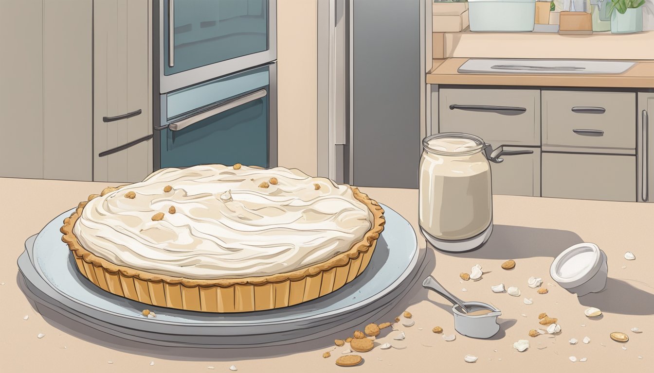 A cream pie sits on a kitchen counter, surrounded by a few scattered crumbs. The refrigerator door is slightly ajar, with a hand reaching for it