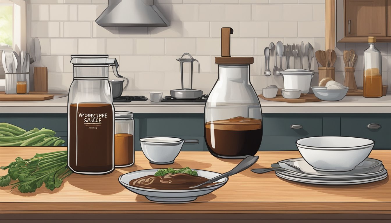 A bottle of Worcestershire sauce sits on a kitchen counter, next to a variety of dishes being prepared. The bottle is open, and a small amount of sauce is being poured onto a dish