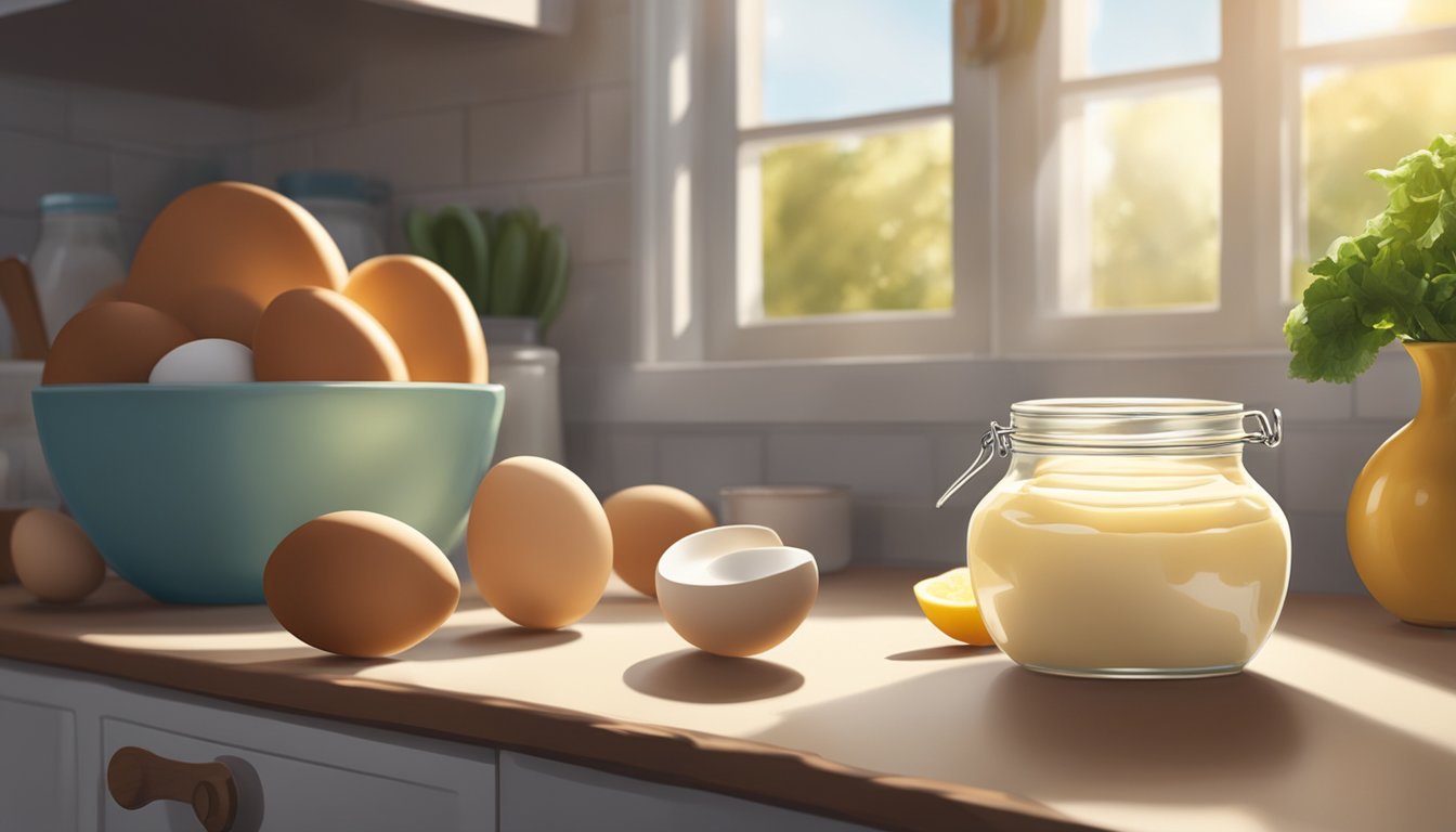 A jar of mayonnaise sits on a kitchen counter, surrounded by various ingredients like eggs, oil, and vinegar. The sunlight streams through the window, casting a warm glow on the scene