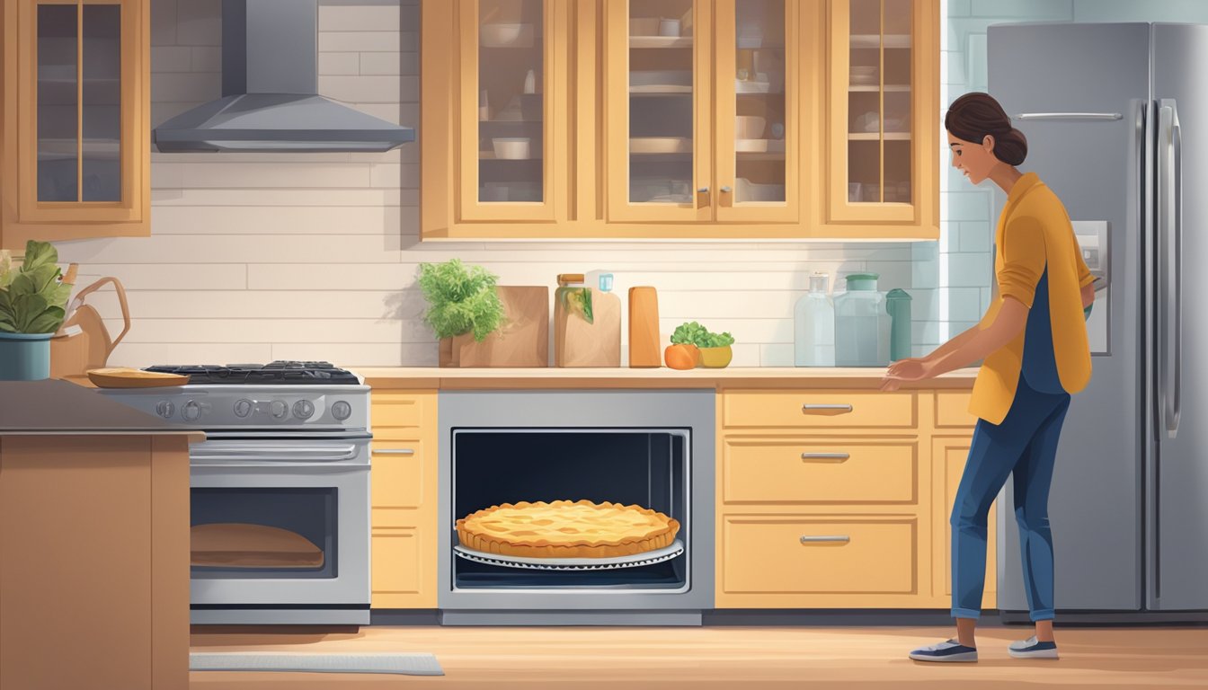 A homemade pie sits on a kitchen counter next to an open refrigerator door, with a hand reaching out to put it inside