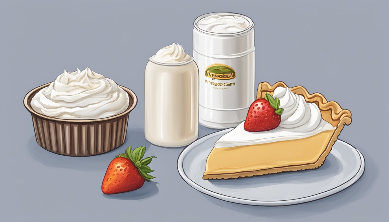 A dollop of whipped cream sits atop a slice of pie, next to a canister of whipped cream in a refrigerator