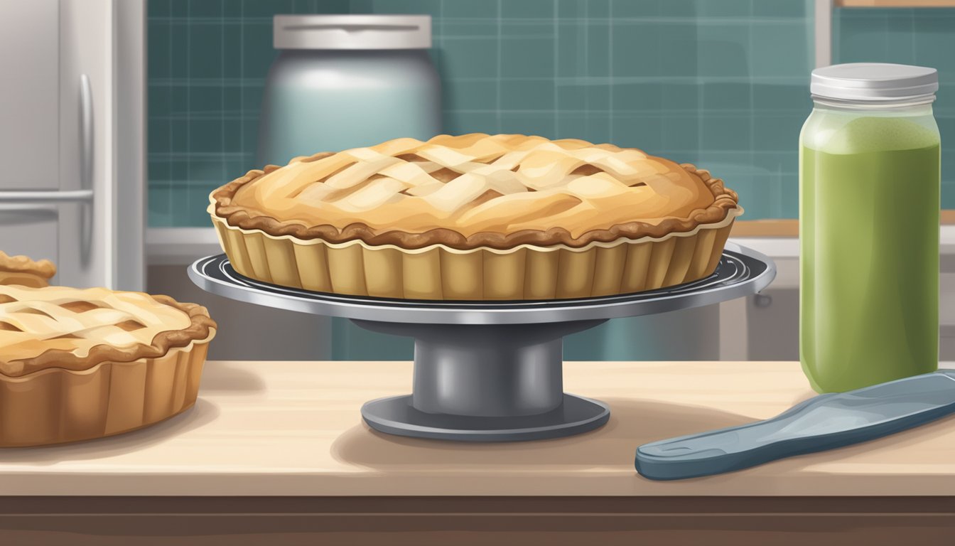 A store-bought pie sits on a kitchen counter, next to a refrigerator. The pie is unopened and the packaging is still intact