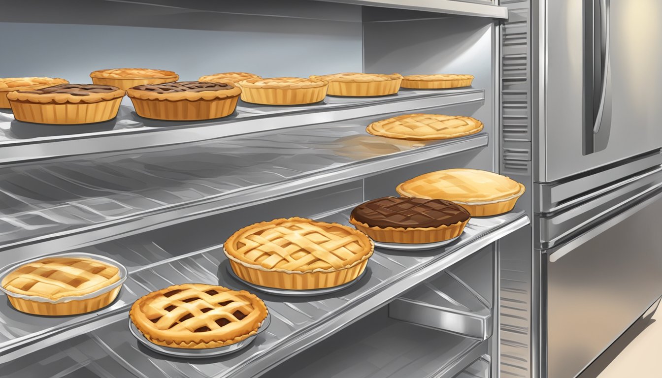 Various pies on a shelf, some covered in plastic wrap, others in pie tins. A refrigerator in the background