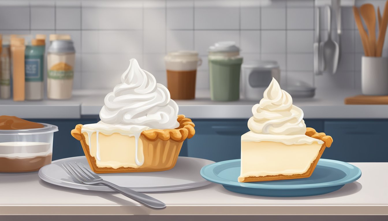 A dollop of whipped cream sits on a slice of pie, next to a container of cream in the fridge. A calendar on the wall shows the current date