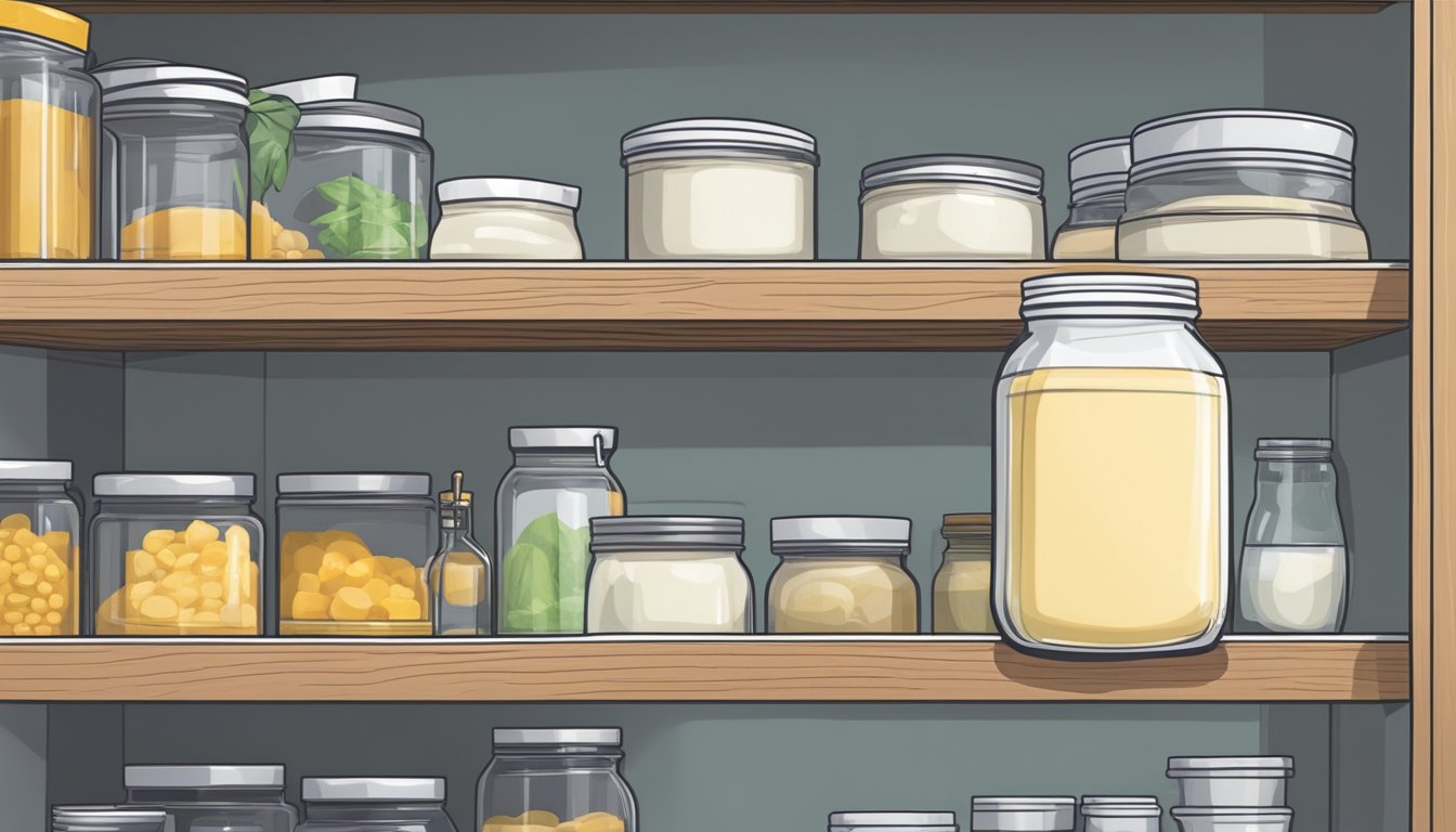 A jar of mayonnaise sits on a shelf in a cool, dry pantry. A refrigerator is visible in the background, but the mayonnaise remains unrefrigerated