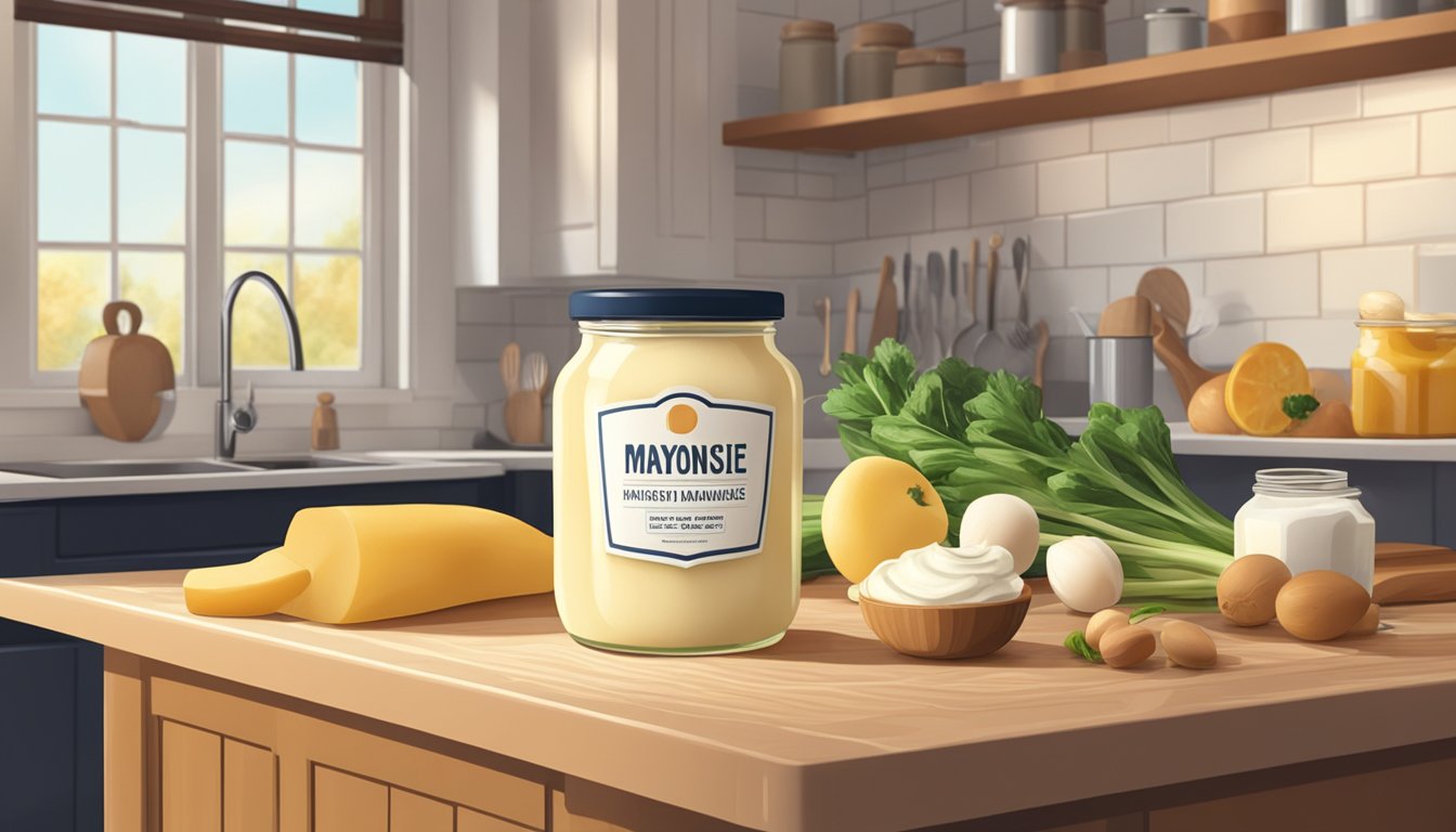 A jar of mayonnaise sits on a kitchen counter next to various food ingredients and utensils. The scene is bright and inviting, with a warm and cozy atmosphere