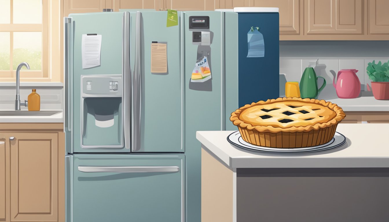 A pie sits on a counter next to a refrigerator, with a question mark hovering above it