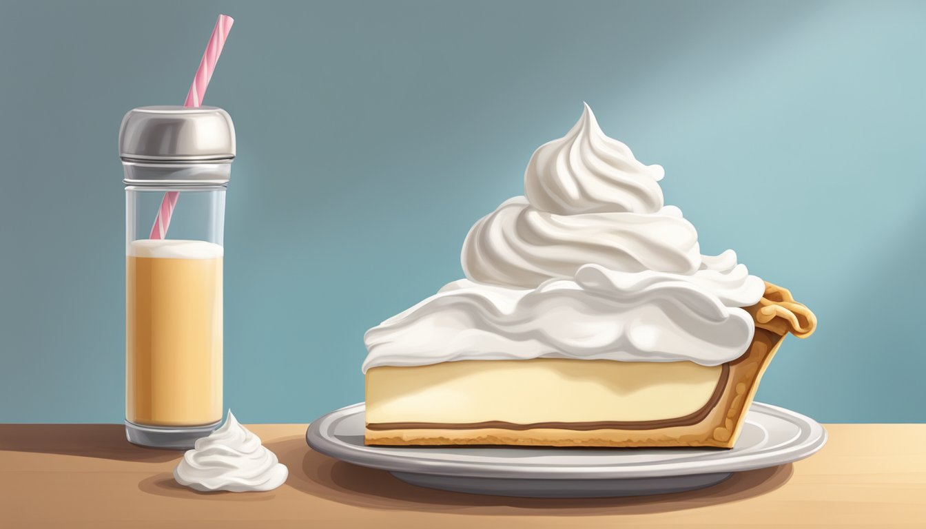 A dollop of whipped cream sits on a slice of pie next to a closed refrigerator door