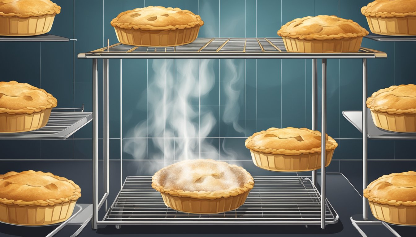 A freshly baked pie sits on a cooling rack, steam rising from the golden crust. A thermometer sits nearby, indicating the safe internal temperature