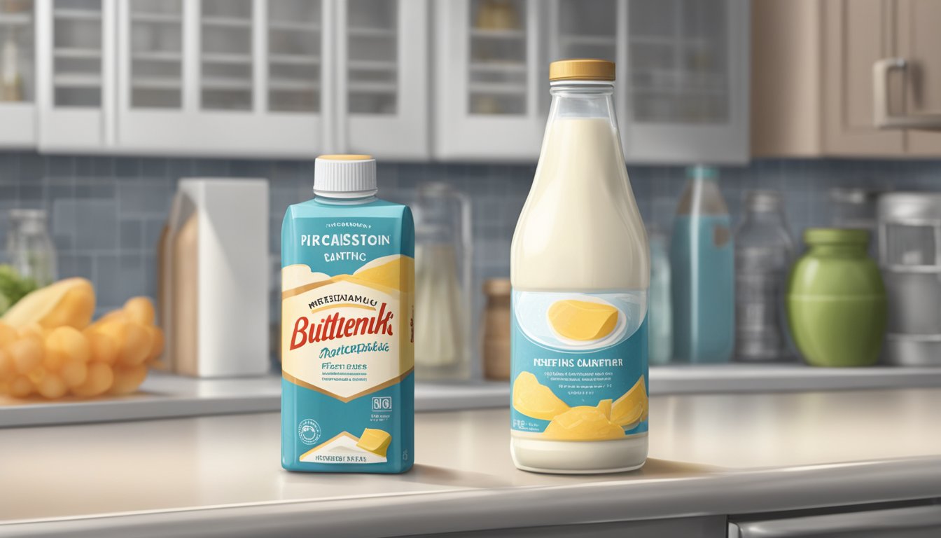 A bottle of buttermilk sits on a kitchen counter, next to a refrigerator. The bottle is unopened, with a label indicating it needs to be refrigerated