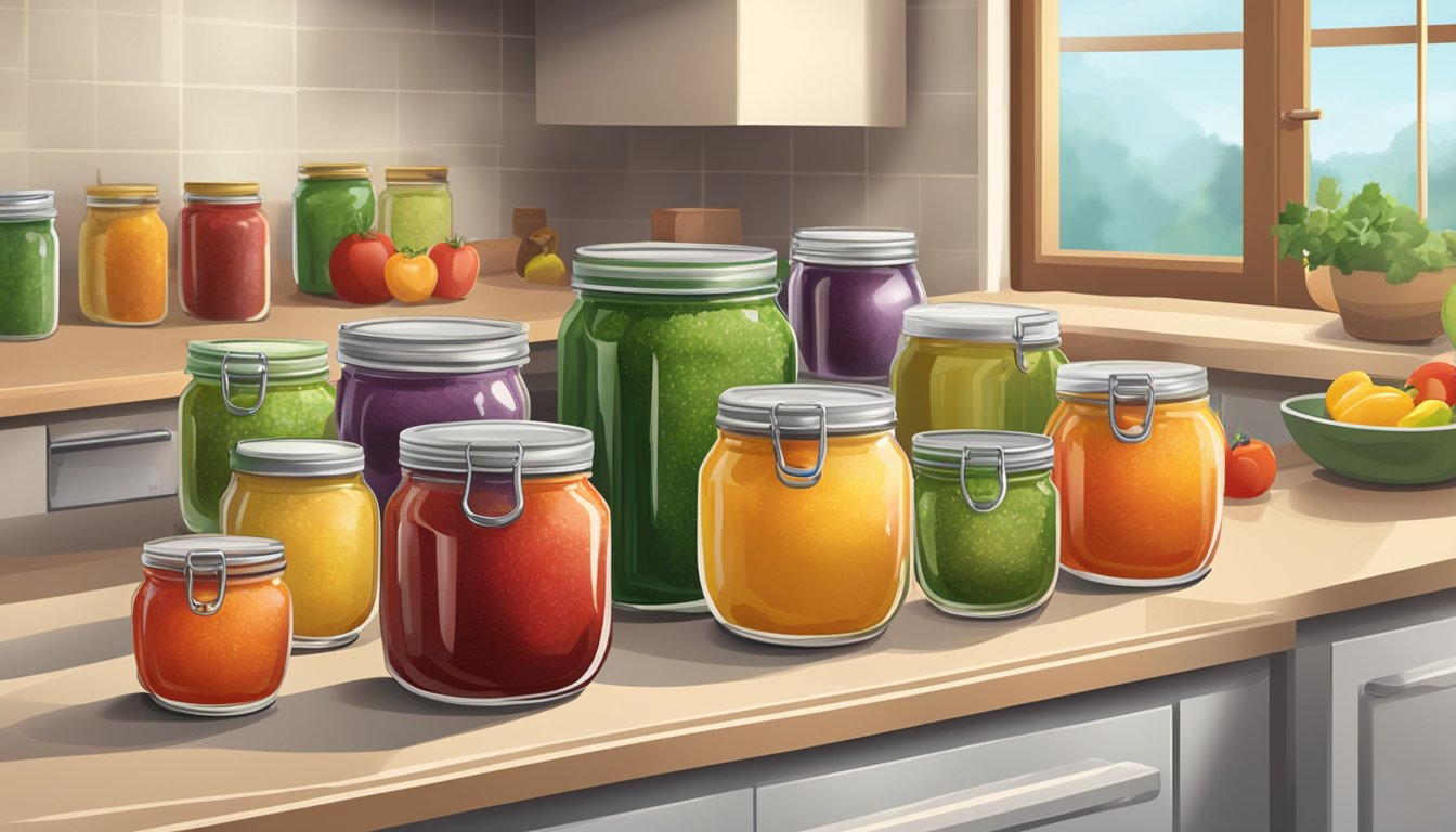 A variety of salsa jars on a kitchen counter, some open and some sealed, with a refrigerator in the background