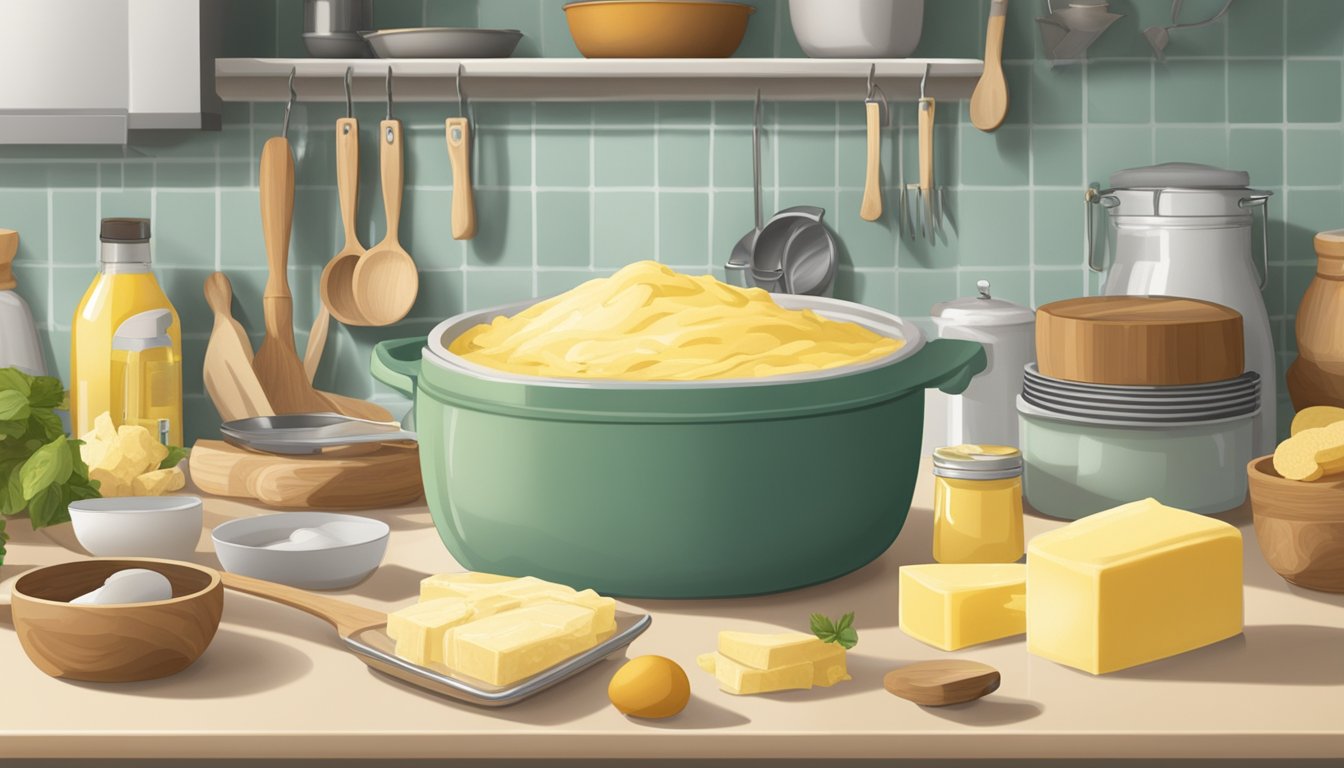 A tub of margarine sits on a kitchen counter, surrounded by various cooking ingredients and utensils. The room is warm, indicating that the margarine does not need to be refrigerated