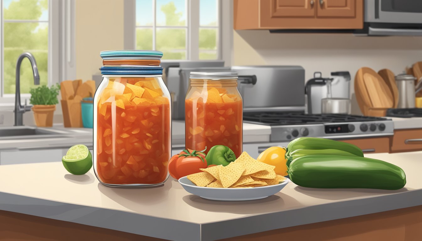 A jar of salsa sits on a kitchen counter next to a basket of tortilla chips. A refrigerator is in the background, but the salsa remains unrefrigerated