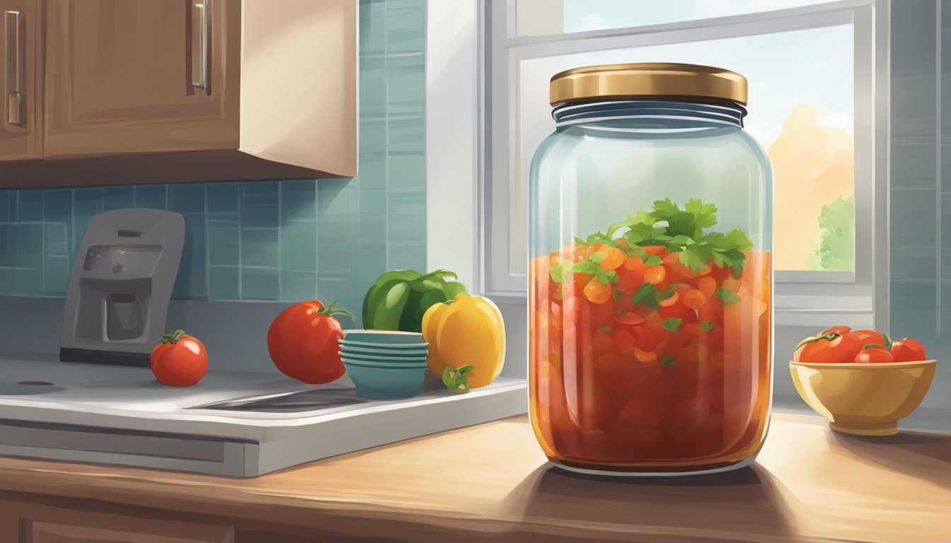 A jar of salsa sits on a kitchen counter beside a refrigerator. The door of the refrigerator is slightly ajar, with a cool mist escaping