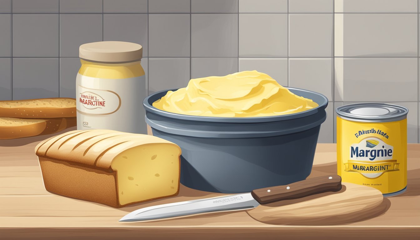 A tub of margarine sits on a kitchen counter next to a loaf of bread and a knife. The lid is open, and a small amount of margarine is spread on a slice of bread