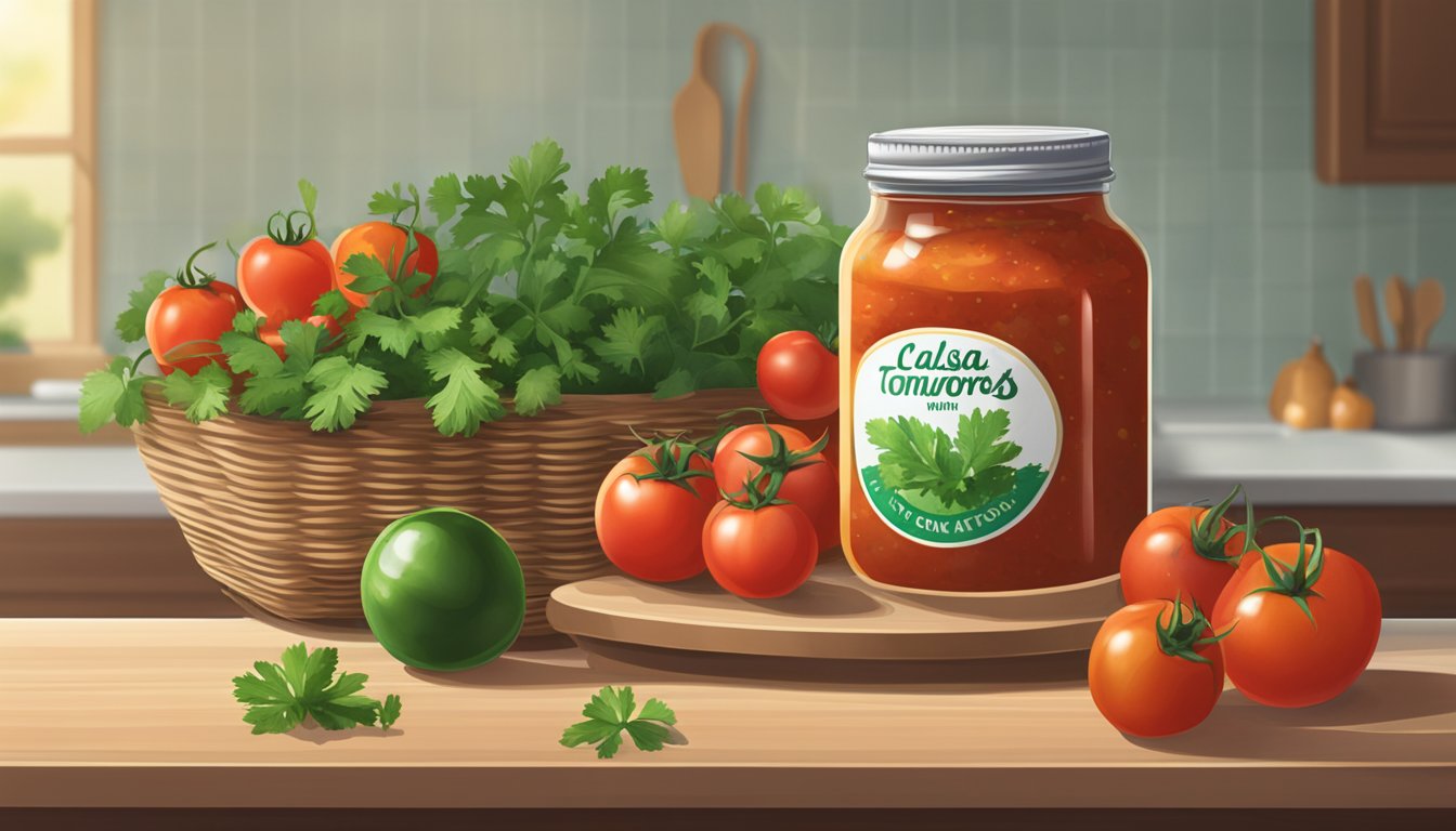 A jar of salsa sits on a kitchen counter next to a basket of fresh tomatoes and a bunch of cilantro. The jar is unopened and appears to be of high quality