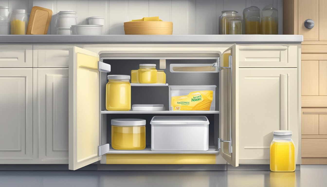 A tub of margarine sits on a kitchen counter, next to a stick of butter in a cupboard. The refrigerator door is open, with a clear space for storage