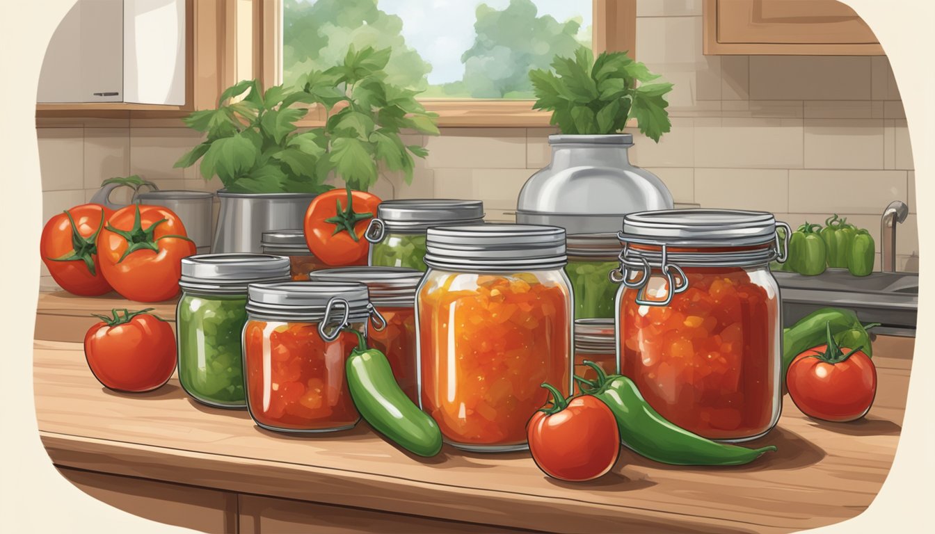 A jar of salsa sits on a kitchen counter next to a stack of canning jars, a pot of boiling water, and a bowl of fresh tomatoes and peppers