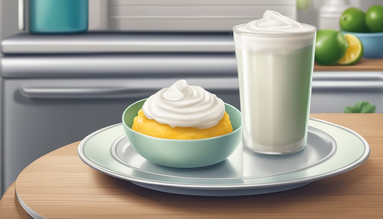 A dollop of sour cream sits on a plate next to a refrigerator