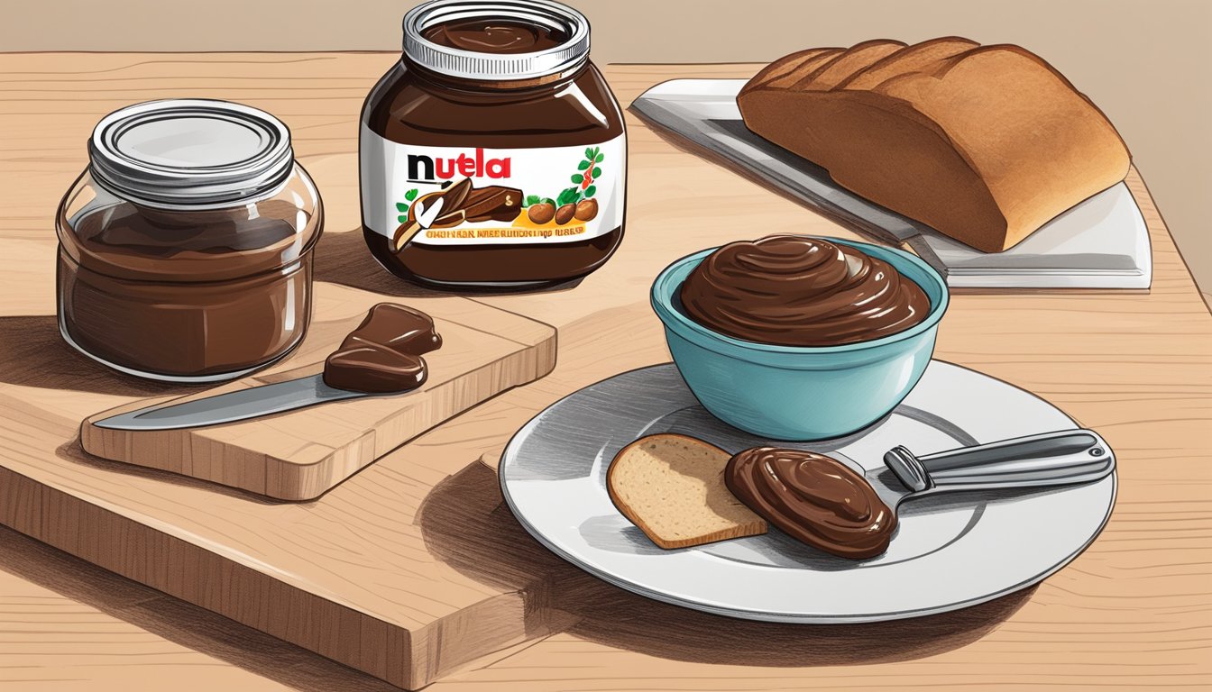 A jar of Nutella sits on a kitchen counter next to a loaf of bread and a knife. The lid is off, and a small smear of chocolate hazelnut spread is on the blade