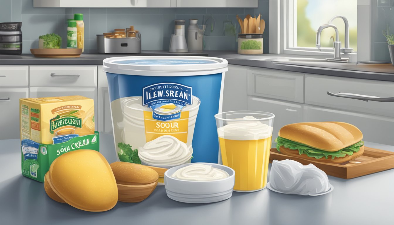 A tub of sour cream sits on a kitchen counter next to various food items. The refrigerator door is open, indicating uncertainty about whether to refrigerate the sour cream