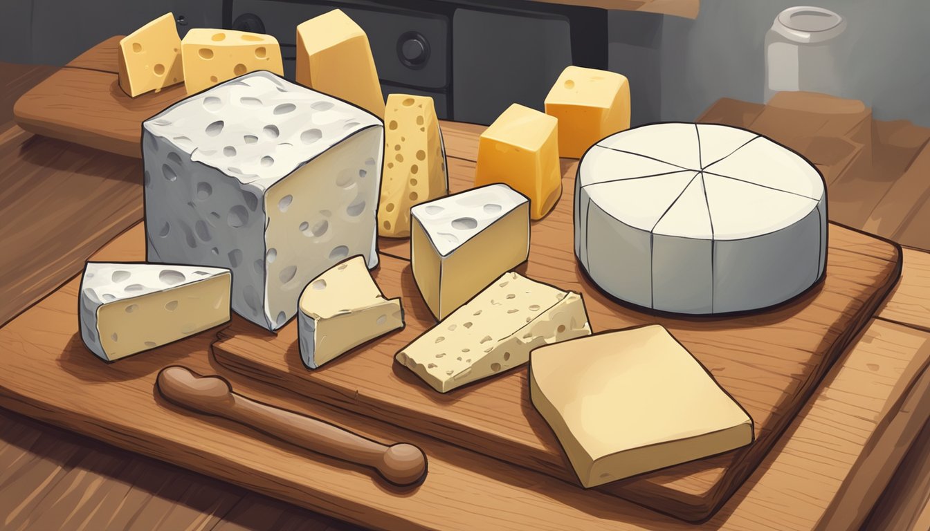 Various specialty cheeses displayed on a wooden board, some wrapped in paper. A small refrigerator is nearby, with a few cheeses inside