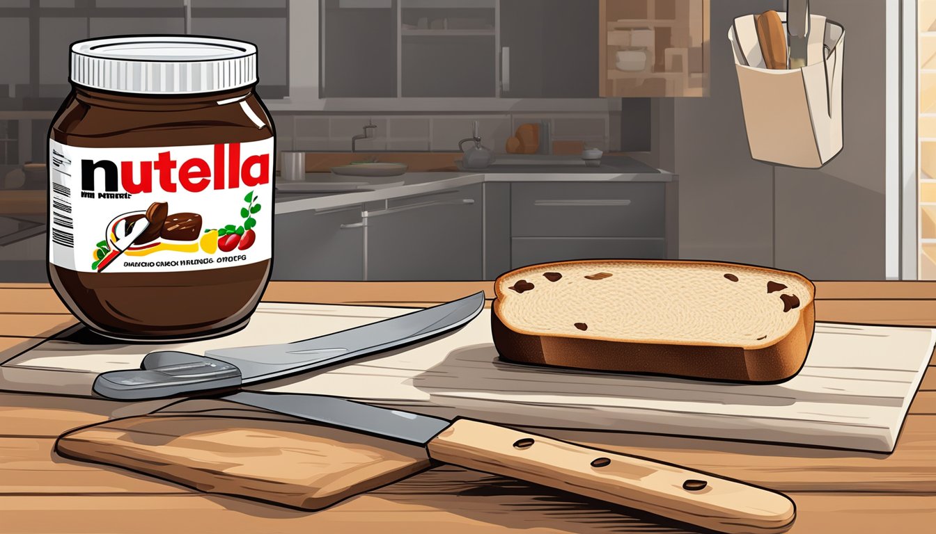 A jar of Nutella sits on a kitchen counter next to a loaf of bread and a knife. The lid is open, and a dollop of Nutella is spread on a slice of bread