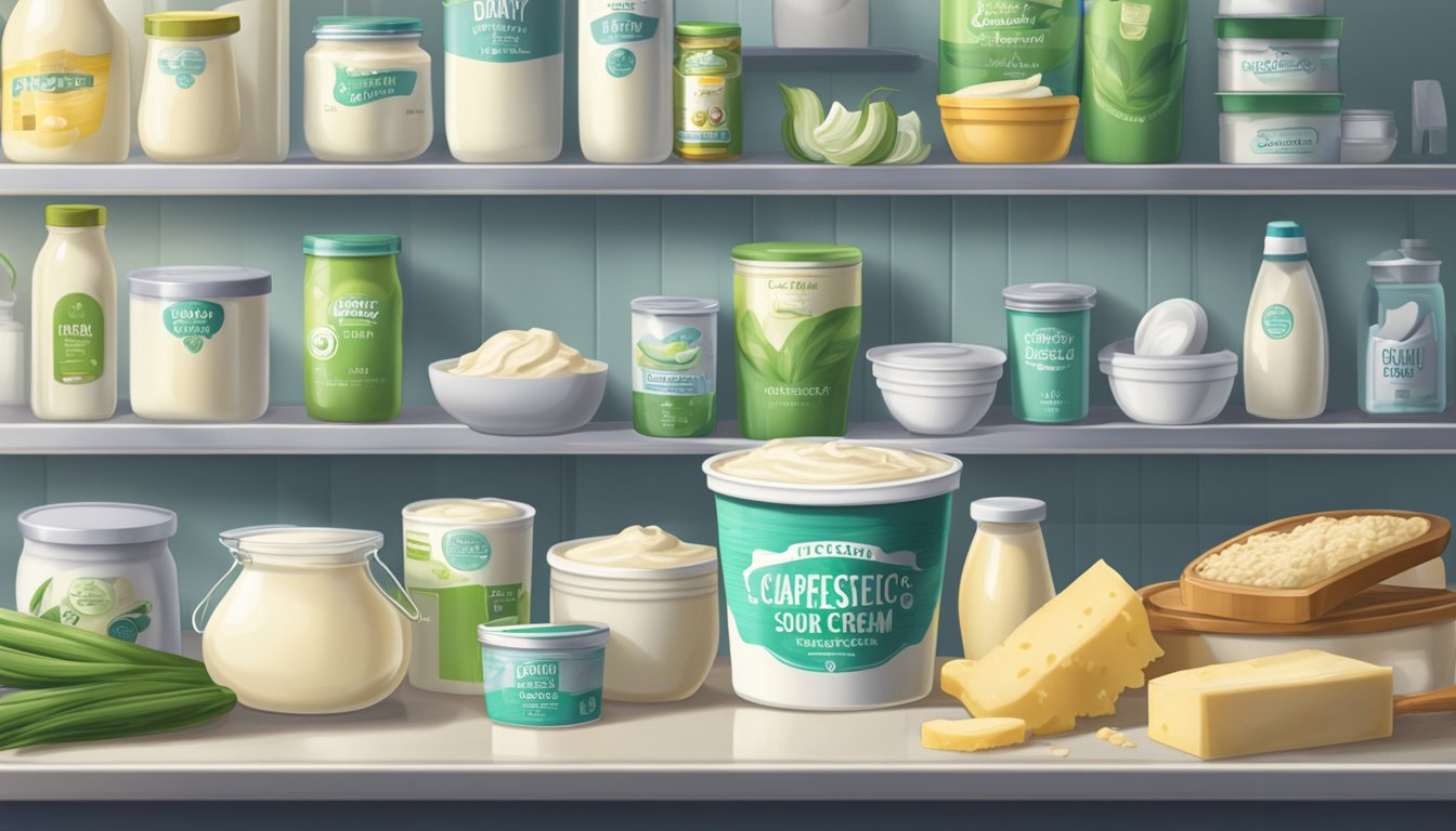 A tub of sour cream sits on a kitchen shelf, next to other dairy products. The room is cool and well-lit