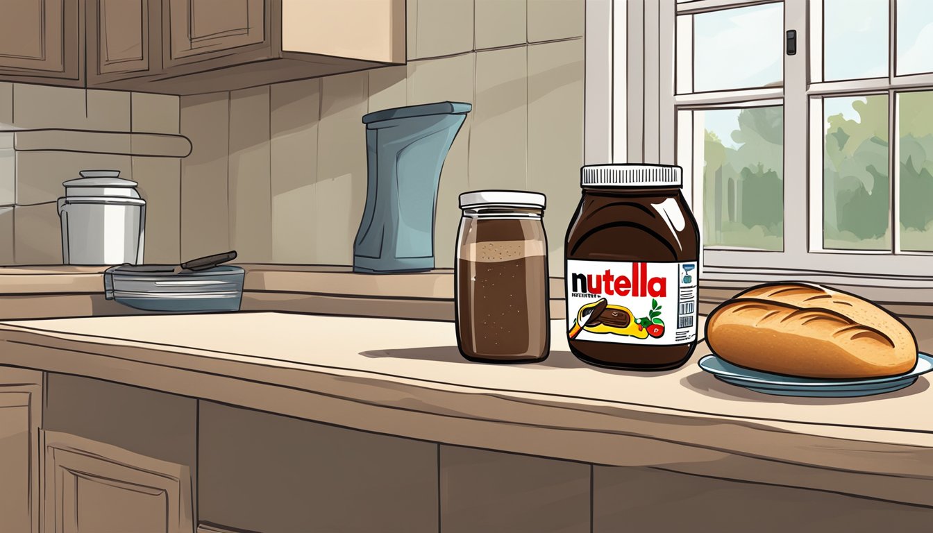 A jar of Nutella sits on a kitchen counter next to a loaf of bread and a knife. The refrigerator door is open, with a question mark floating above it