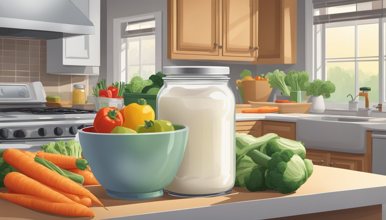 A jar of sour cream sits on a kitchen counter next to a bowl of fresh vegetables. The refrigerator door is open, revealing shelves of various food items