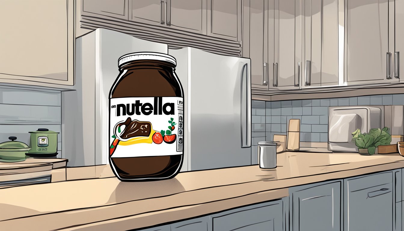 A jar of Nutella sits on a kitchen counter, next to a refrigerator. The debate over whether to refrigerate it or not is evident