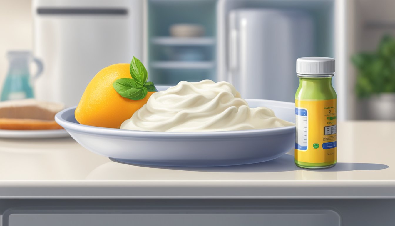 A dollop of sour cream sits on a plate next to a thermometer, with a refrigerator in the background