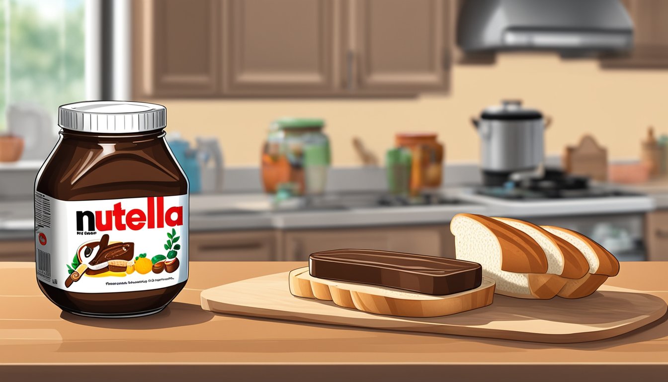 A jar of Nutella sits on a kitchen counter next to a loaf of bread and a spreader. The refrigerator is visible in the background